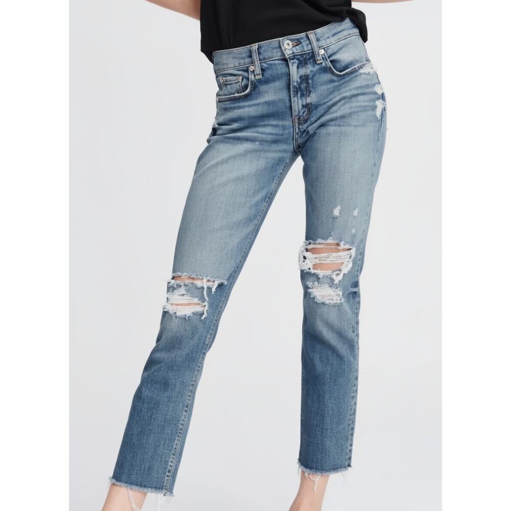 RAG & BONE Dre Low-Rise Ankle Slim Boyfriend Jeans Size 28 Blue Destroyed